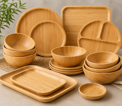 Eco-friendly bamboo plates made from natural, biodegradable materials. Lightweight, durable, and ideal for serving food at homes, events, catering services, and sustainable dining applications. Designed as an environmentally responsible alternative to plastic and disposable tableware.